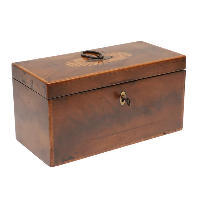 A GEORGE III MAHOGANY & SATINWOOD INLAID TEA CADDY.