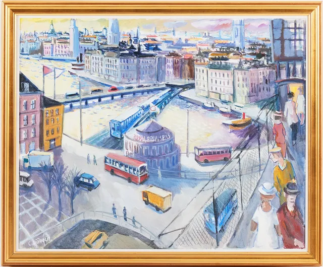 CHARLES SJÖHOLM (FÖDD 1933). Stockholmsmotiv-Slussen, olja på duk, signerad C Sjöholm.