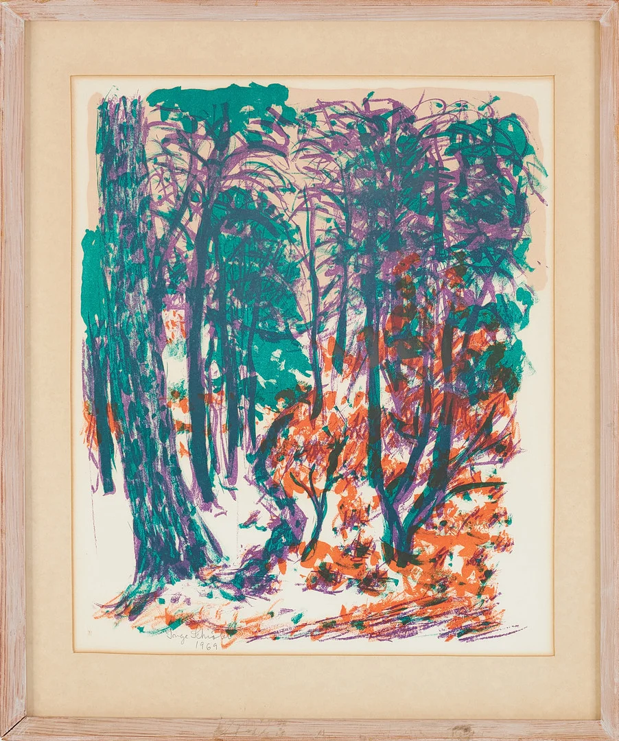 INGE SCHIÖLER. Skogsmotiv, färglitografi, provtryck, daterad 1969. — Engravings & Prints — Stockholms Auktionsverk Sickla