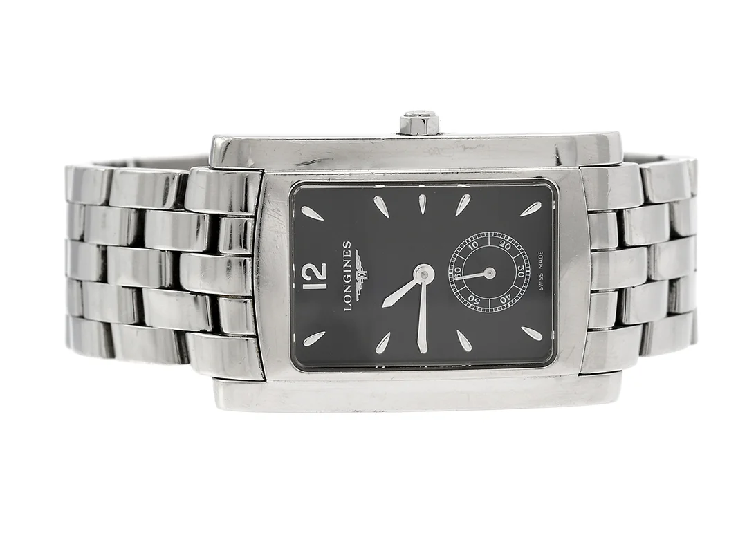 LONGINES, Dolce Vita, Cal 176, Serie nr. 32754293, Ref nr. L655.4.76.2, Boett nr. L5.655.4, herrur, 26 x 32 (40) mm, stål, quartz, safirglas, liten sekundvisare, originallänk, viklås, Ref nr. L600075173, ca 2006. — Klockor/Longines — Kaplans