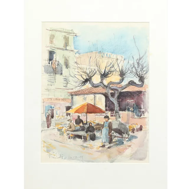 ALEX SECHER (1913-1989). Parti fra Frascati, Italien med gadesælgere, akvarel på papir, 1951.