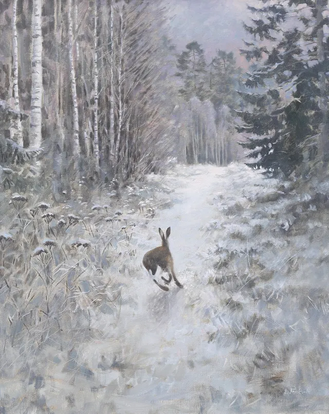 LENNART FRISK. Hare i Vinterlandskap, olja på duk, signerad och daterad 89.