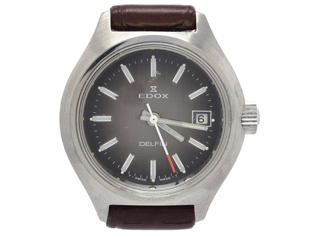 EDOX, Delfin (T-Swiss Made-T), Boett nr. 373 4300 4, damur, 28 mm, stål, manuell, plexiglas, datum, läderband, originalspänne, ca 1970. — Klockor/Edox — Kaplans