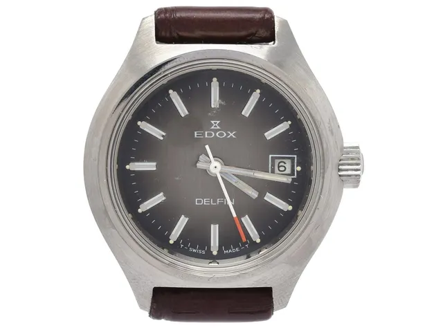 EDOX, Delfin (T-Swiss Made-T), Boett nr. 373 4300 4, damur, 28 mm, stål, manuell, plexiglas, datum, läderband, originalspänne, ca 1970.