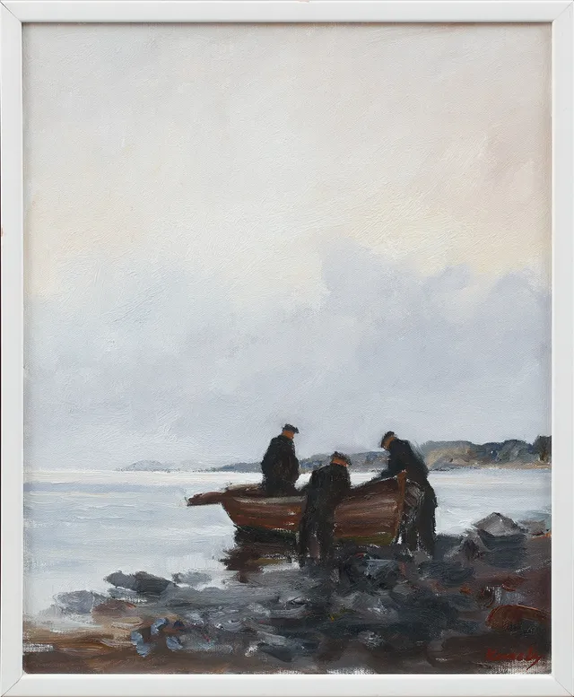 PETER KENNEDY. Tre män och eka. Olja på duk, signerad.