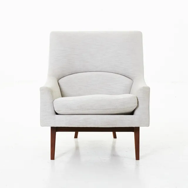JENS RISOM. fåtölj, "A-Chair", för Fredericia Furniture, textilklädsel, lös sittplymå, underrede av valnöt, etikettmärkt undertill, samtida tillverkning.