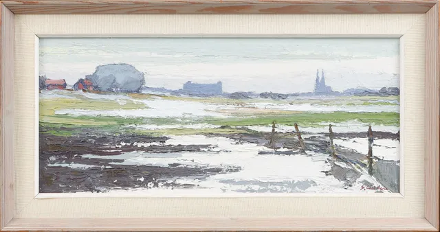 SVEN LINDER. "Uppsala från öster", olja på pannå, signerad.