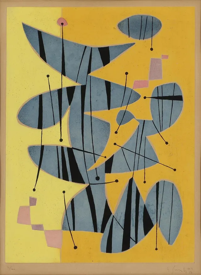 Untitled. Signed Singier 53, 11/100. Aquatint in colours. Visible size 56×41 cm