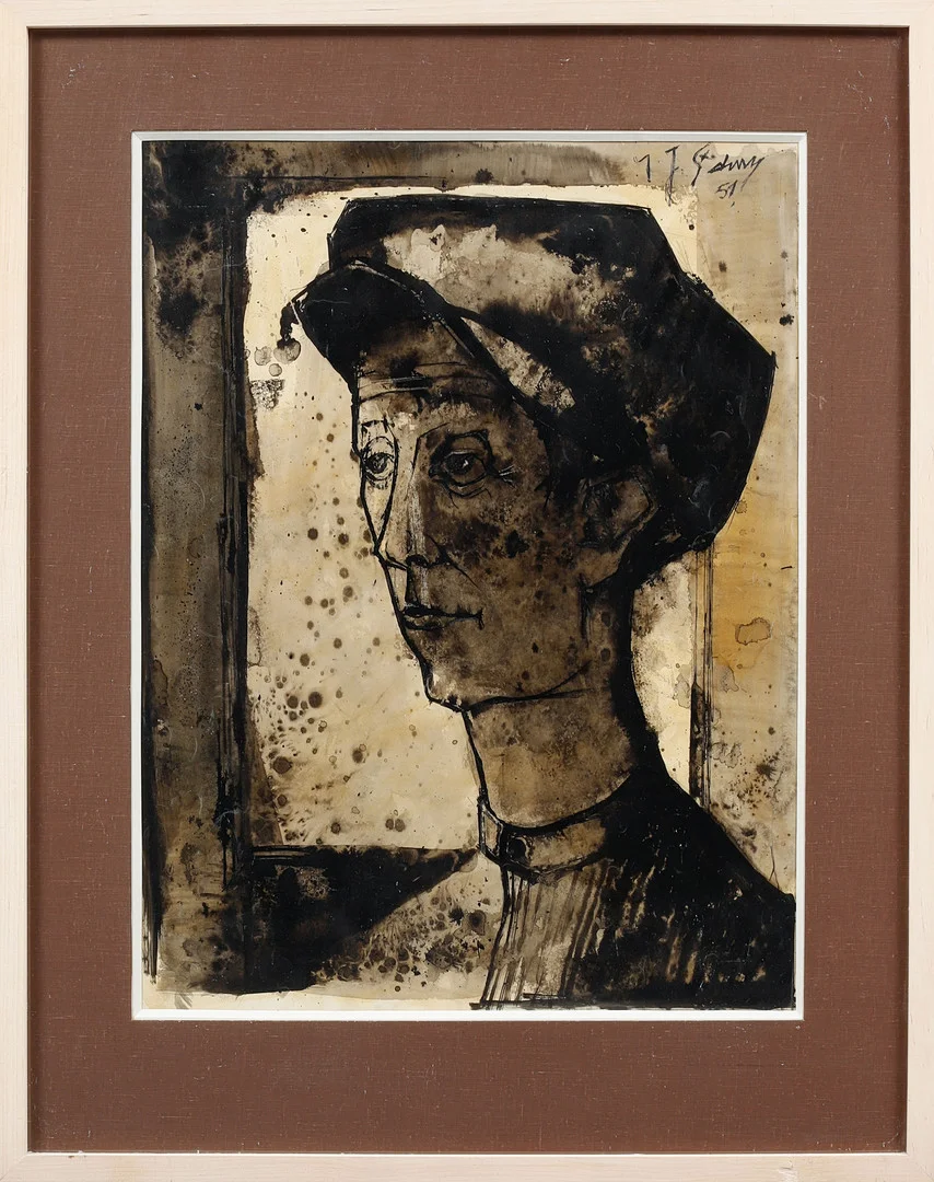 YVES GANNE. Porträtt, tuschlavering, signerad och daterad 51. — Paintings — Göteborgs Auktionsverk