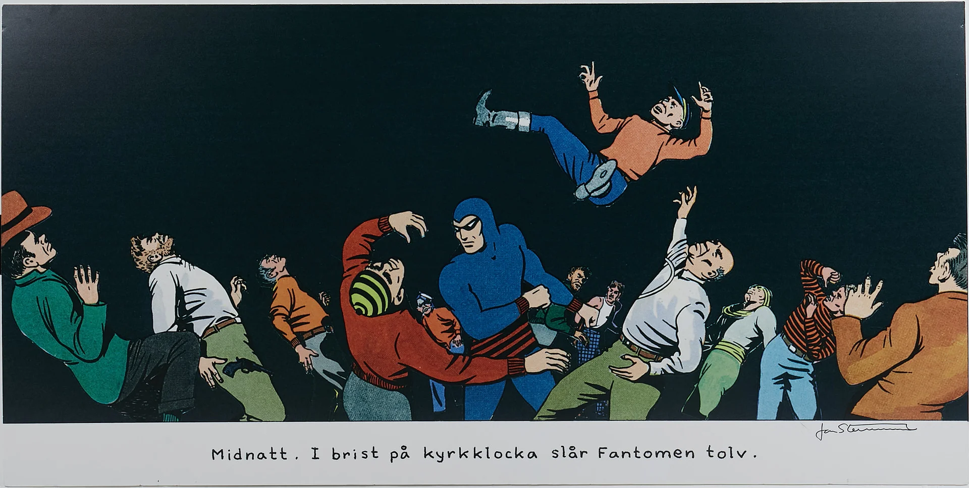 JAN STENMARK. "Midnatt. I brist på kyrkklocka slår Fantomen tolv", offset-tryck, papper på cellplastskiva, signerad. — Engravings & Prints — Stockholms Auktionsverk Sickla