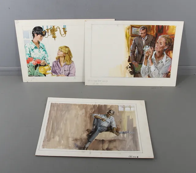 GERD MILLER. TILLSKRIVEN. 3 st, illustrationer, blandteknik.