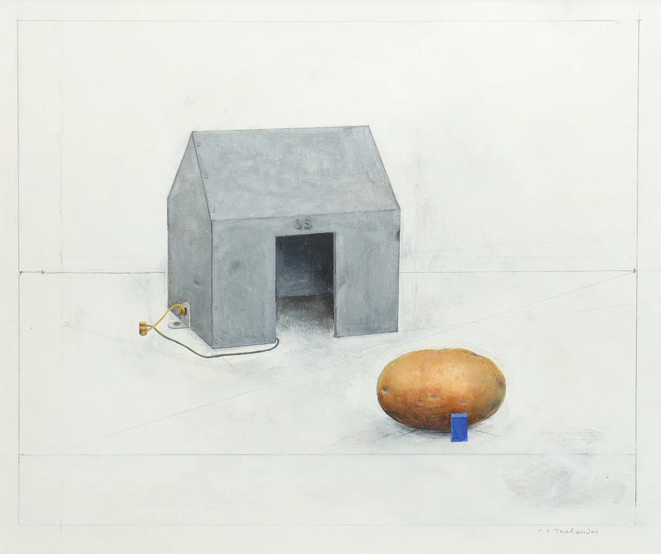 PER GUNNAR THELANDER. komposition med grått hus och potatis, blandteknik på papper. — Paintings — Stockholms Auktionsverk Helsingborg