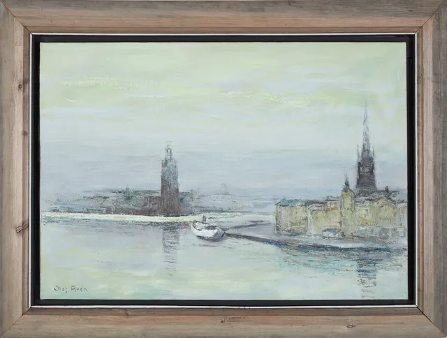 OLOF ARÉN. Vy över Riddarfjärden, olja på duk, signerad.