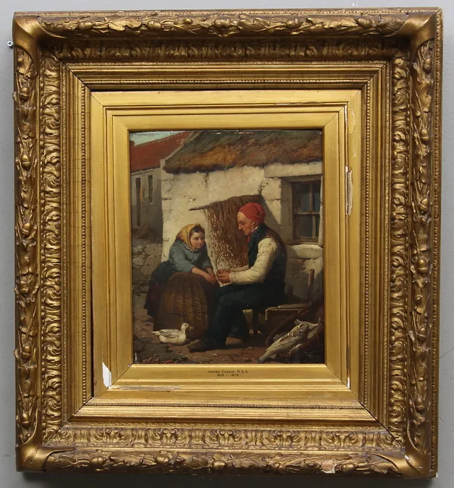 JAMES CASSIE. 1819-1879, England. Fiskare och fiskardotter. Olja på träpannå. Monogramsignerad JC och daterad 1864.