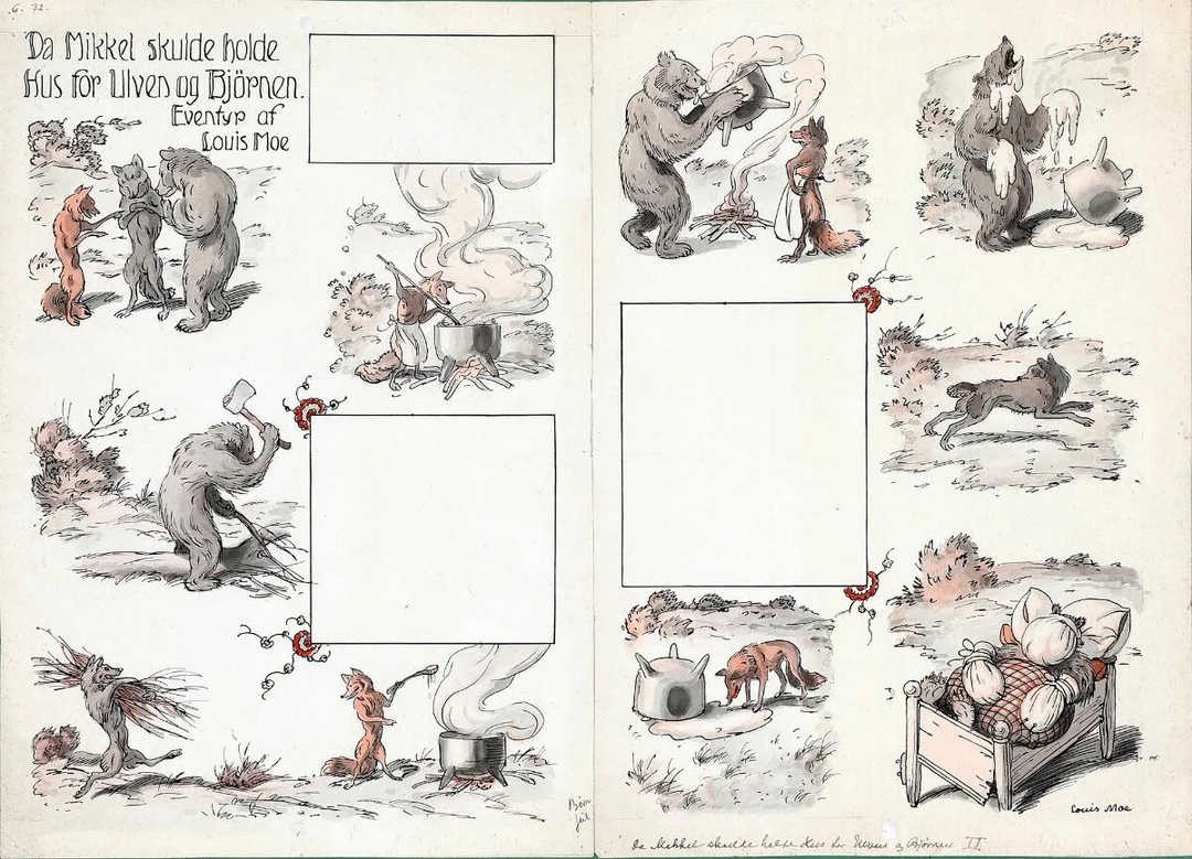 “Da Mikkel Skulde holde Hus for Ulven og Bjørnen”. Illustration from Børnenes Jul. 1932. Signed and dated Louis Moe 31/3–32. Pencil, watercolour and pen on paper mounted on paper. Sheet size 45×62 cm. — Prints & Drawings — Bruun Rasmussen