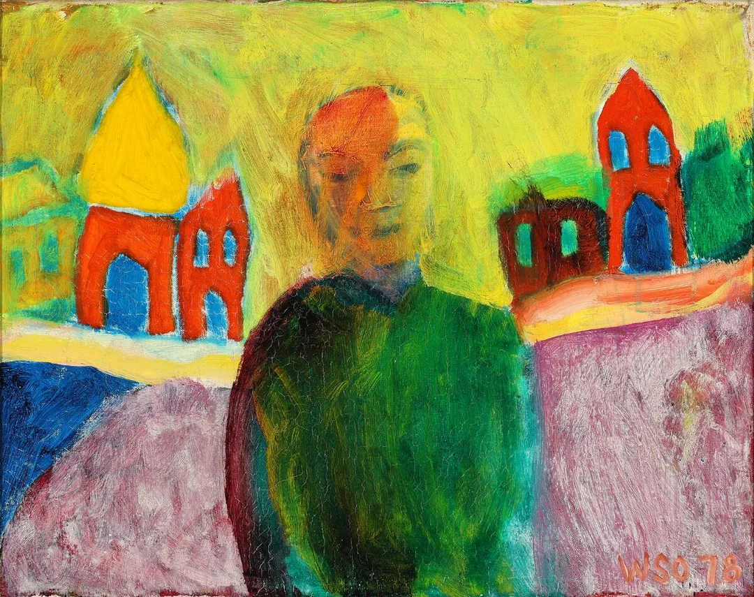 Figure with houses, 1978. Signed WSO 78. Oil on canvas. 42×54 cm. — Modern Paintings/Modern art — Bruun Rasmussen