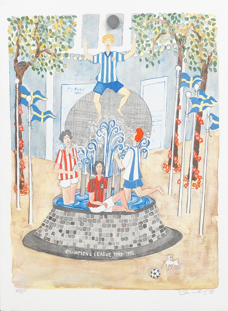 MARIKA LANG. "Champions League", färglitografi, signerad och numrerad 163/350. — Engravings & Prints — Göteborgs Auktionsverk