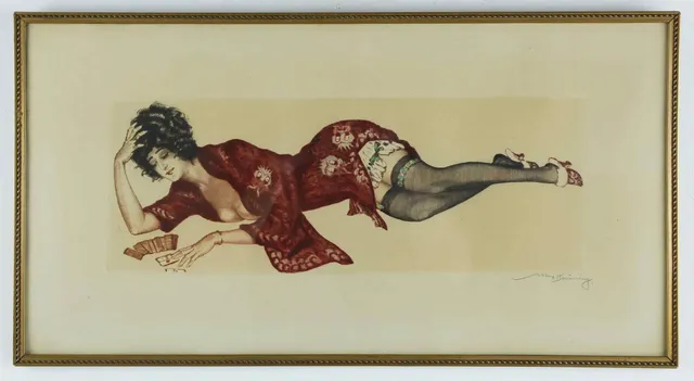 MAX BRÜNING. färgetsning, Kvinna med spelkort, Art Déco, signerad i blyerts.