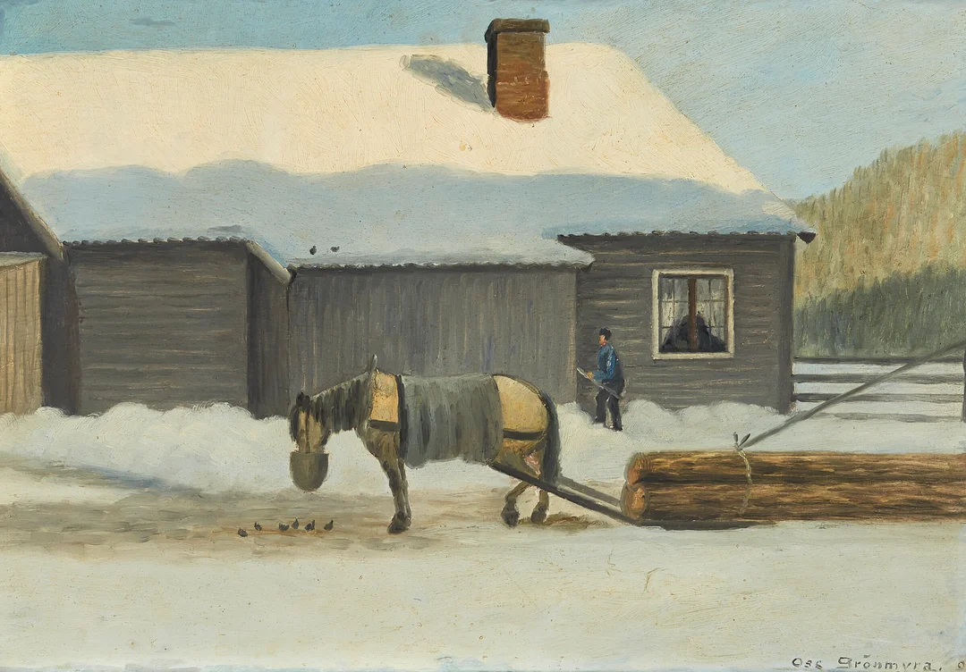 Grønmyra, Oscar — Hest med tømmer, 1906 — Kunst/Maleri — Blomqvist