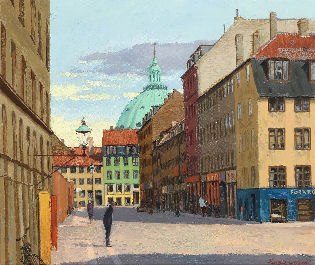 HERDIS GELARDI (1916-91). Gademotiv fra København med Marmorkirken i baggrunden, olie på lærred, signeret. — Paintings — Palsgaard Kunstauktioner