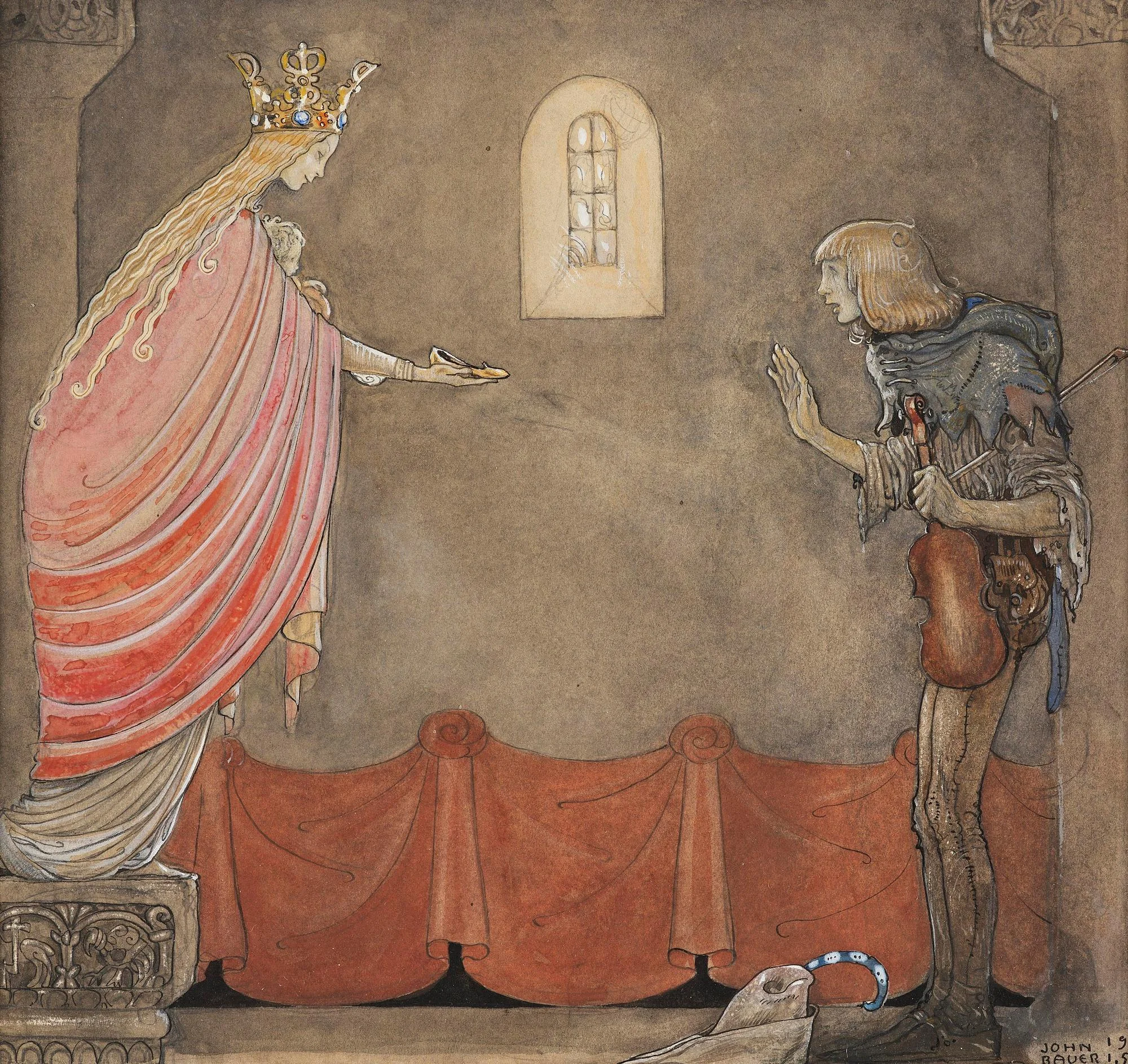 John Bauer, "Madonnan ger spelmannen sin ena sko" (ur sagan "Spelmannen som fick madonnans guldsko"). — Bukowskis
