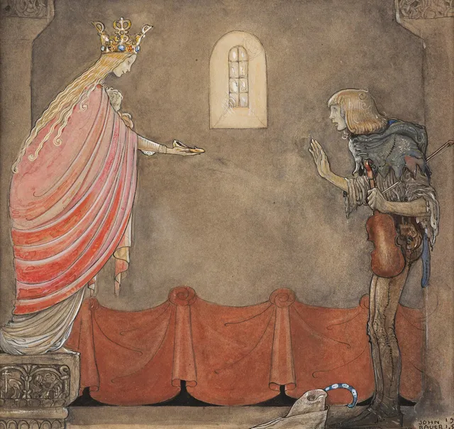 John Bauer, "Madonnan ger spelmannen sin ena sko" (ur sagan "Spelmannen som fick madonnans guldsko").
