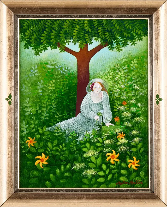 MARION BELIN. Kvinna i grönt landskap, olja på duk, signerad.