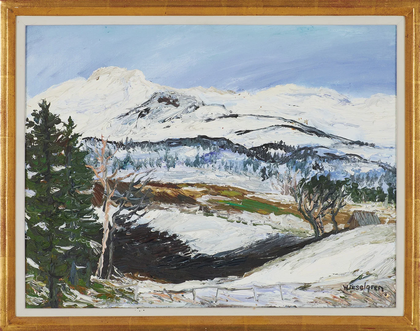 GERTRUD WIESELGREN. "Fjällandskap, Kall" olja på duk, signerad. — Paintings — Stockholms Auktionsverk Sickla