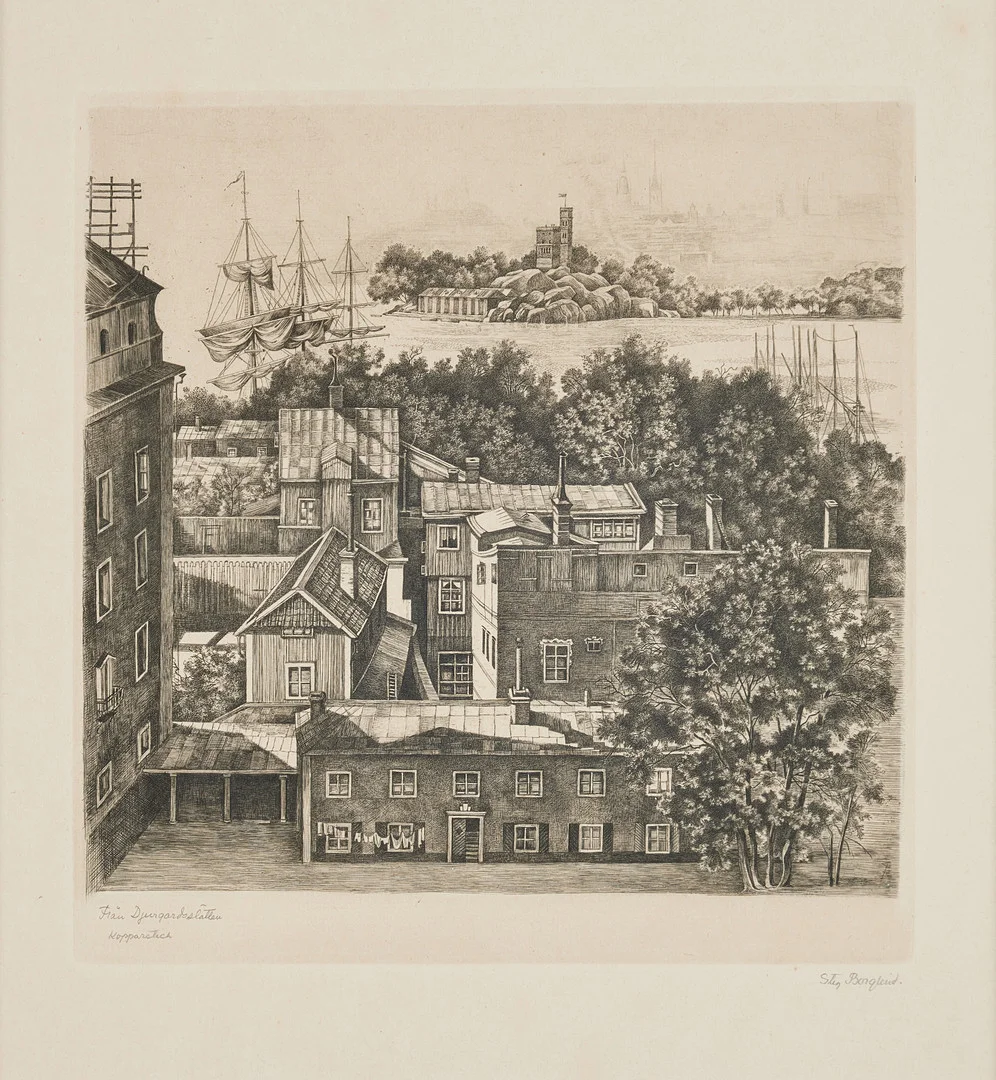 STIG BORGLIND. "Från Djurgårdsslätten", kopparstick, signerad. — Engravings & Prints — Stockholms Auktionsverk Magasin 5