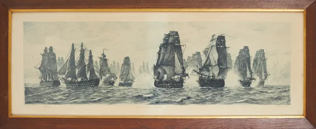 AXEL TALLBERG. "Slaget vid Sankt Vincent 1797", etsning, signerad.