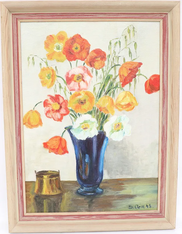 OIDENTIFIERAD KONSTNÄR. Stilleben med blomster, oljemålning på pannå, signerad.