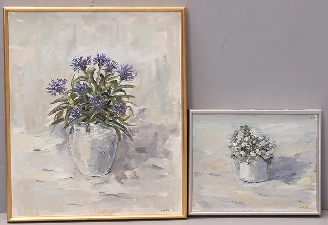 KENNETH SJÖÖ. Blommor, oljor på duk, 2 st, signerade.