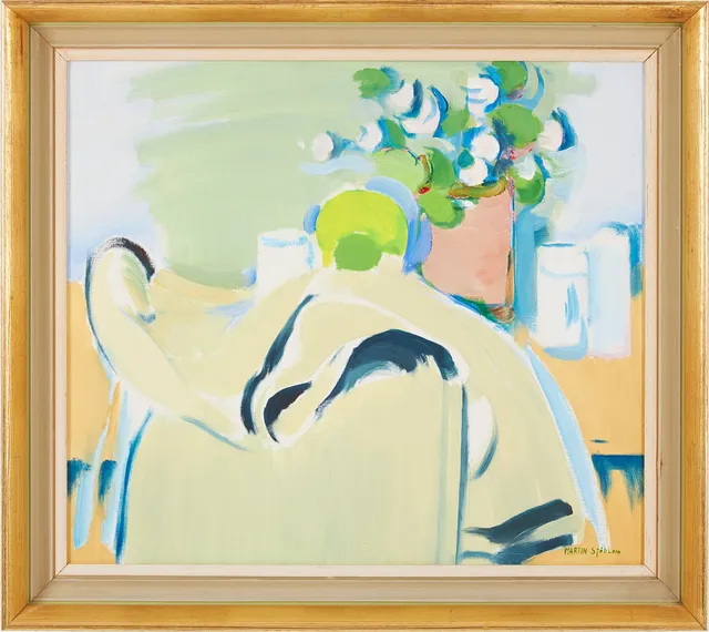MARTIN SJÖBLOM (1920-2004). "Stilleben med linneduk och frukter", olja på duk, signerad.