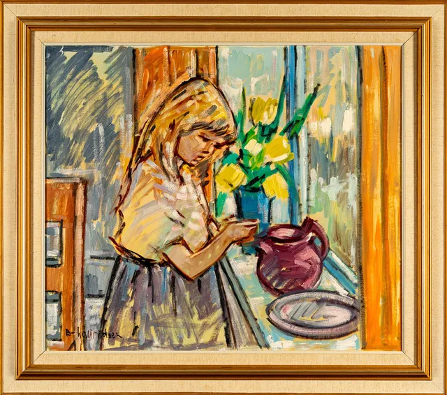 BENDT LAURIDSEN. Olja på duk, Motiv med barn, Signerad.