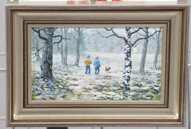 OVE JOHANNESSON. Olja på duk, barn på hundpromenad, signerad.