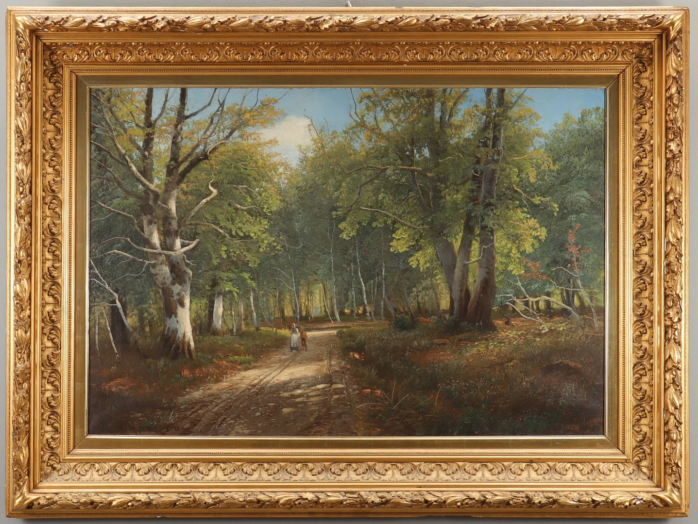 SIEGFRIED HASS. Solbelyst skogsparti med kvinna och pojke. — Paintings — Karlstad Hammarö Auktionsverk
