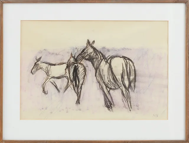 NILS NILSSON. Hästar, pastell, monogramsignerad.