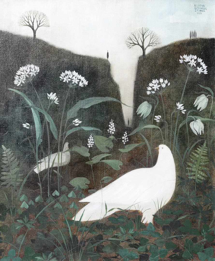 KERSTIN LUNDBERG STENMAN. Komposition med ravin och duvor, olja på duk, signerad och daterad 1984. — Paintings — Crafoord Auktioner Malmö