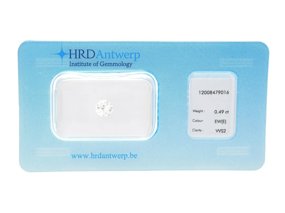 DIAMANT, briljantslipad, 0,49 ct, R(E)/VVS2, HRD certifikat 12008479016, plomberad. — Ädelstenar/Diamanter — Kaplans