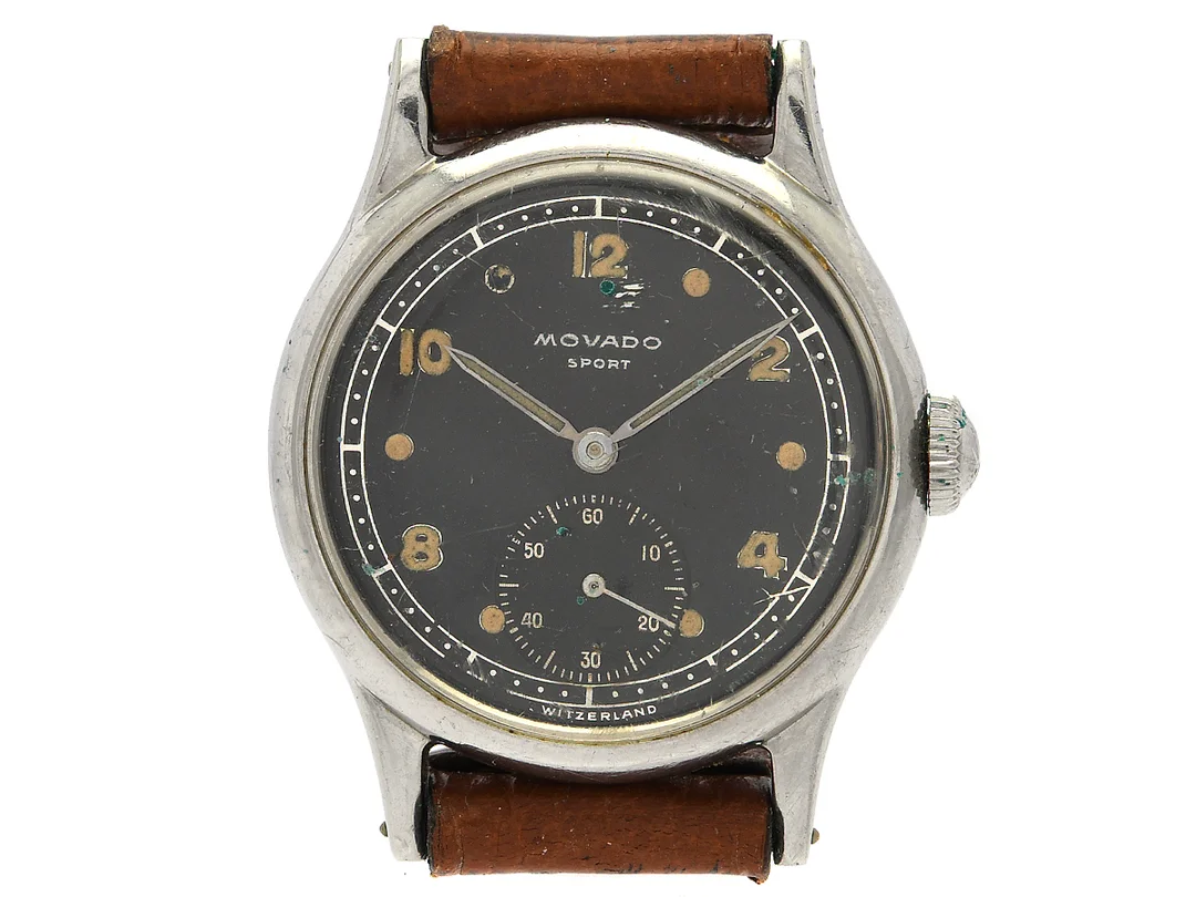 MOVADO, Sport, "Francois Borgel Case", Cal 150MN, Boett nr. 0180671 / 11691, herrur, 31 mm, stål, manuell, plexiglas, liten sekundvisare, skadad urtavla, defekt, läderband, ca 1950. — Klockor/Movado — Kaplans