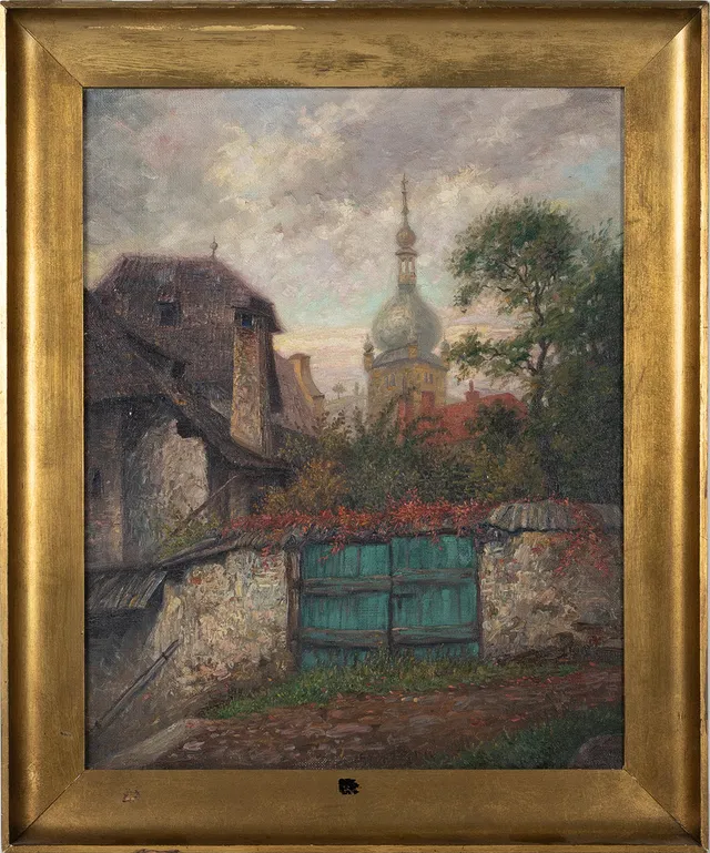 ROBERT HUGO JÄCKEL (1872-1952). Bymotiv med kyrka, olja på duk.
