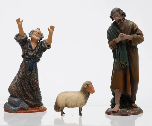 SPANISH SCHOOL, 20TH CENTURY. Shepherds and sheep of a nativity scene.