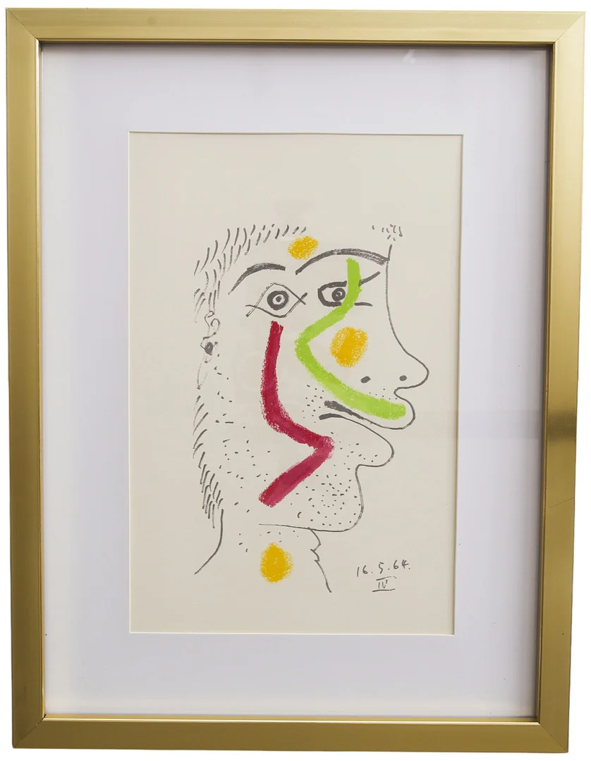 PABLO PICASSO. Efter, färglitografi , mansporträtt, ur mappen "LE GOUT DU BONHEUR" Schünemann, nr 403/666, år 1970. — Engravings & Prints — Limhamns Auktionsbyrå