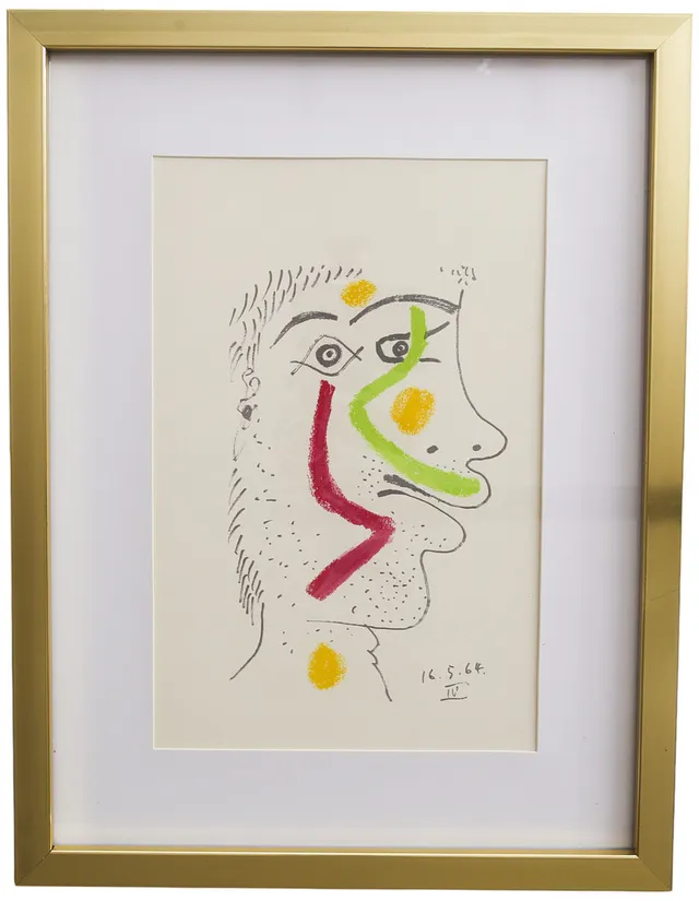 PABLO PICASSO. Efter, färglitografi , mansporträtt, ur mappen "LE GOUT DU BONHEUR" Schünemann, nr 403/666, år 1970.