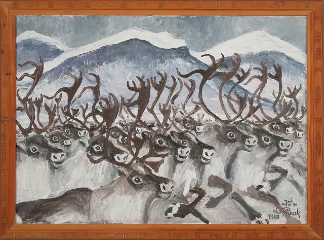LARS PIRAK. Renhjord vid fjäll, olja på duk, signerad och daterad 1987.