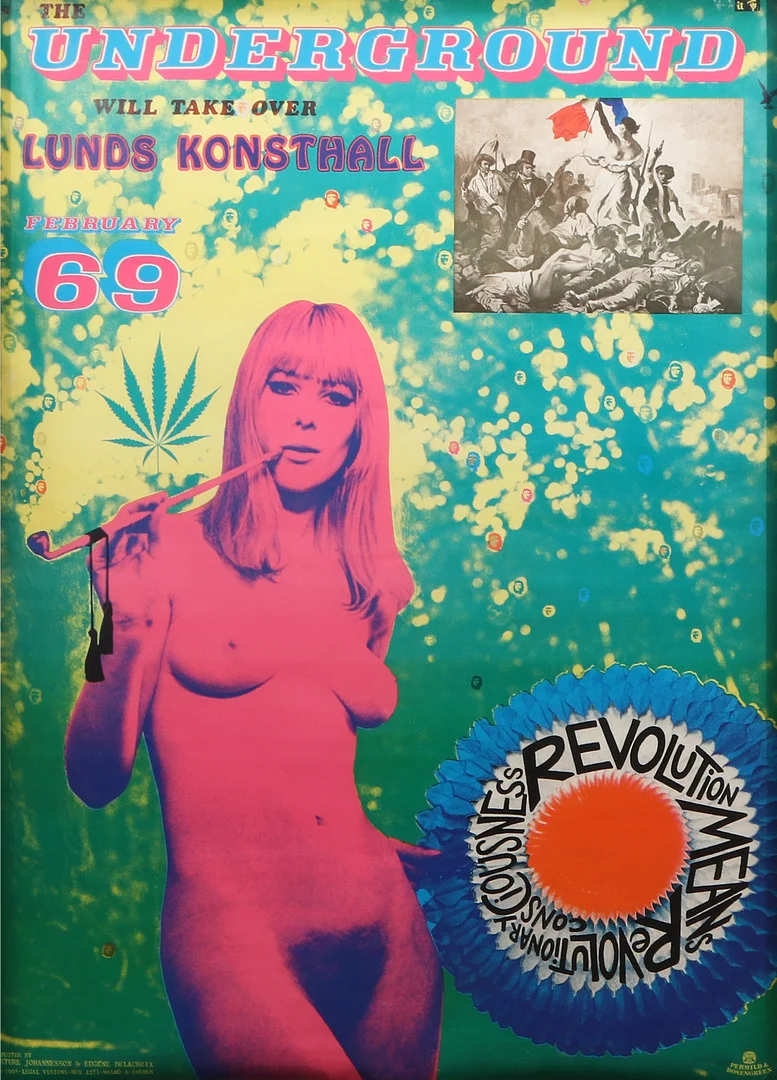 STURE JOHANNESSON. & EUGÉNE DELACROIX. Affish. "The Underground will take over Lunds Konsthall", February 69. Permild & Rosengren. — Engravings & Prints — Skånes Auktionsverk