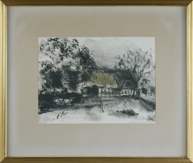 KERSTIN JÖNSSON. Litografi, skånegård, signerad 28/200.