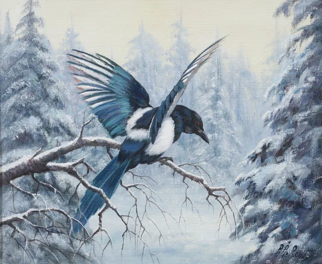 PÄR ÅKERED. Skata i vinterlandskap, olja på duk, signerad.