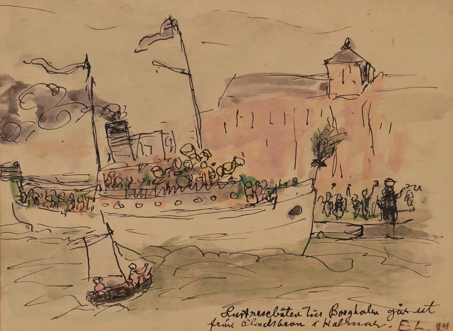 EDVIN LINDHOLM-HOUGE. "Lustresebåten till Borgholm...", blandteknik, signerad E-L. 24. — Paintings — Auktionsfirma Kenneth Svensson i Kalmar