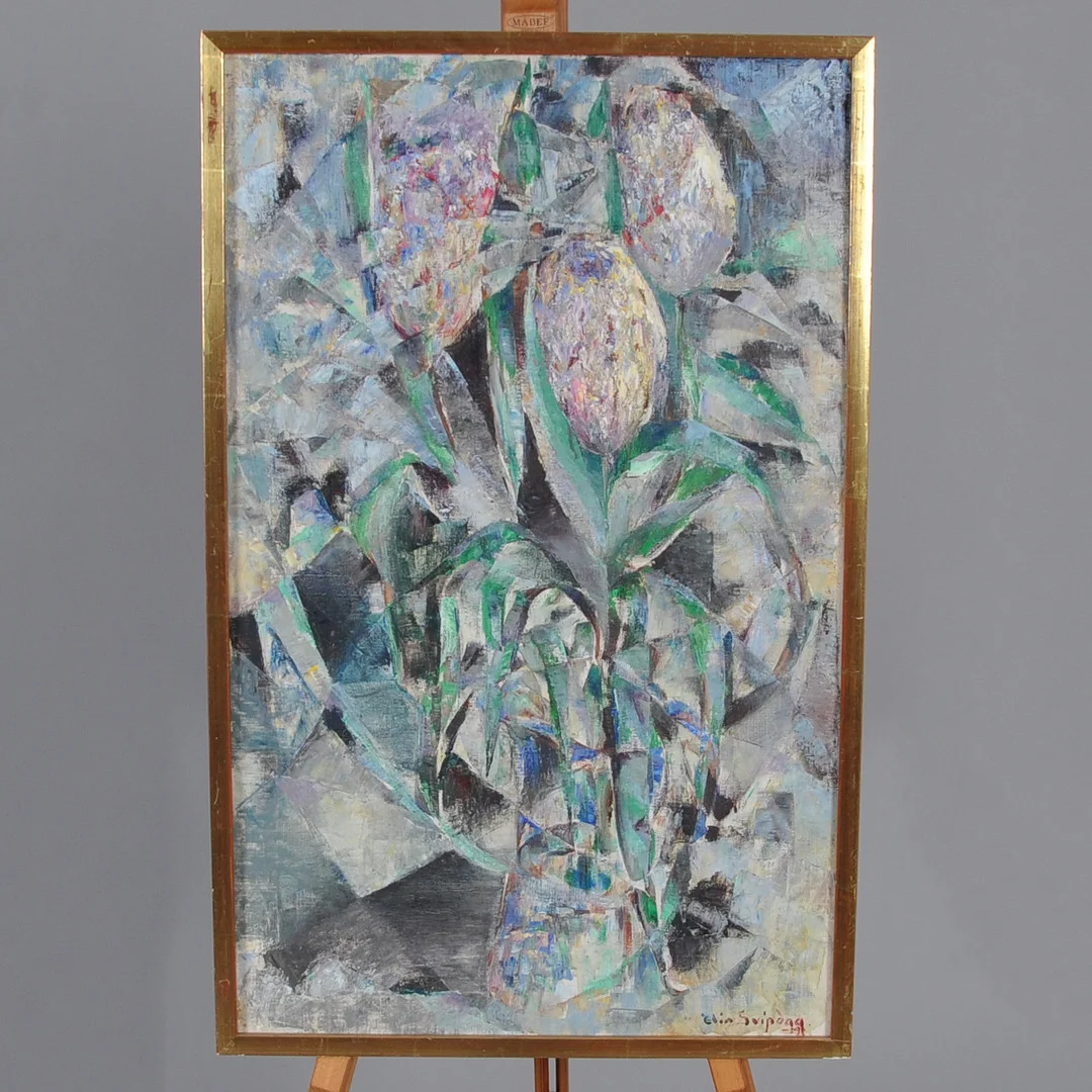 ELIN SVIPDAG. olja på duk, "Violetta tulpaner". — Paintings — Laholms Auktionskammare